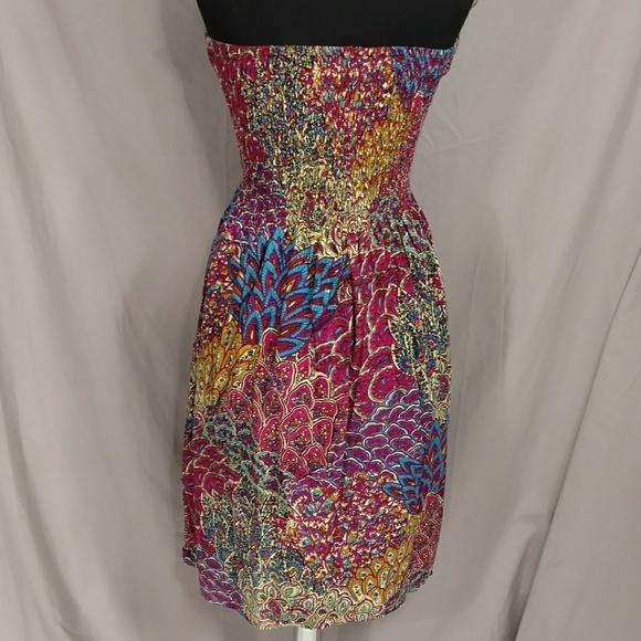Bright Colorful Strapless Sundress Boho Indian Dress by Cynthia Mehta w Stretch - Picture 5 of 8